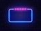 Neon frame with five stars. Neon quiz banner on brick wall. Star rating. Shining signboard. Night bright advertising