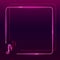 Neon frame icon of pink musical note on dark purple gradient background. Square textplace template. Music, sound, melody concept.