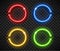 Neon frame sign in the shape of a circle. Colorful electric lamps. Template design element.