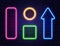 Neon frames isolated on brick wall background. Realistic color neon banners. Glowing night signboard. Light electric