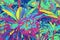 Neon frangipani flower in leaf. Plumeria blossom psychedelic digital illustration. Blooming tropical bush.