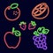 Neon fruits: orange, strawberry, apple, grapes.