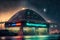 Neon gas starion in the night. Neon cyberpunk or travel concept with dark gas station shop. Generative AI.