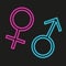 Neon gender symbols. Male and female. Blue and red colors