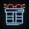 Neon gift box with ribbon sign. Prize, present, win, bonus, reward, gift box theme. Happy Birthday glowing symbol.