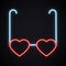 Neon glasses sign with red heart. Retro bright sunglasses symbol for summer time. Valentine`s day. Glowing love, couple