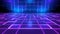 Neon glow cyan blue and purple perspective grid room, cyberspace, digital techonology and VR concept, retro future abstract