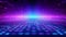 Neon glow cyan blue and purple perspective grid room, cyberspace, digital techonology and VR concept, retro future abstract