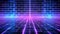 Neon glow cyan blue and purple perspective grid room, cyberspace, digital techonology and VR concept, retro future abstract