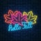 Neon glowing autumn sign with three maple leaves and lettering. Autumn greeting card, poster, flyer.