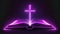 Neon glowing Bible and cross on a dark background.