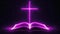 Neon glowing Bible and cross on a dark background.