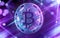 Neon glowing Bitcoin BTC in Ultra Violet colors with cryptocurrency blockchain nodes in blurry background. 3D rendering