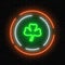 Neon glowing clover leaf sign. Green shamrock as Irish national holiday symbol in circle frames.