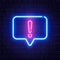 Neon glowing exclamation mark. Quiz neon banner. Shining neon speech bubble. Color neon frame on brick wall. Realistic