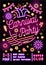 Neon glowing festive placard in 80s style. Vertical advertising template for carnival party. Poster with electric