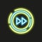 Neon glowing next song button, music sign, arrow moving forward