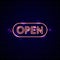 Neon glowing open sign. Creative night club opening symbol