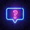 Neon glowing question mark. Quiz neon banner. Color neon frame on brick wall. Realistic bright night signboard. Shining