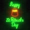 Neon glowing saint patricks day sign with pot of treasure on a brick wall background. National Irish holiday symbol.