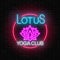 Neon glowing sign of lotus yoga club in circle frame on brick wall background. Street signboard of chinese gymnastics