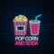 Neon glowing sign of pop corn and soda on a dark brick wall background. Cinema fastfood light billboard symbol.