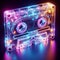 Neon Glowing Transparent Cassette Tape on Reflective Surface