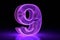 Neon glowing volumetric 3D number nine. Purple. Digital design. 3D render