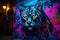 Neon graffiti art, close - up, cyberpunk cat. AI generated