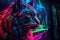 Neon graffiti art, close - up, cyberpunk cat. AI generated