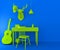 Neon green desk and chair on blue background. Composition with table, guitar, ball, decorative deer head and baseball cap.
