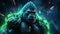 A neon green space gorilla standing on a neon blue meteor, its muscular form radiating an otherworldly aura by AI generated
