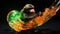 A neon green space monkey riding a neon orange comet, trailing behind it a sparkling neon tail by AI generated