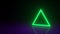 Neon green triangular frame with shining effects on dark background. Empty glowing techno backdrop. Abstract geometric shapes. Sci