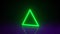 Neon green triangular frame with shining effects on dark background. Empty glowing techno backdrop. Abstract geometric shapes. Sci