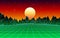 Neon grid mountain landscape and yellow sun with old 80s arcade game style for New Retro Wave party poster or 80s