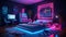 with neon grids, retro arcade games, and a bed that glows with