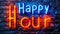 Neon Happy Hour sign on a brick wall.