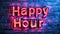 Neon Happy Hour sign in red and blue on a brick wall.