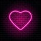 Neon heart. Bright night neon signboard on brick wall background with backlight. Retro pink neon heart sign. Design element for