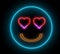 Neon heart eye smiley face. Glowing led light, smiling lover emoji