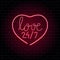 Neon heart with phrase Love 24 hours. Bright neon signboard on brick wall background with backlight. Retro red neon