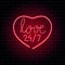 Neon heart with phrase Love 24 hours. Bright neon signboard on brick wall background with backlight. Retro red neon heart sign for