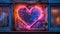 A neon heart sign radiates a warm pink and purple glow from a rustic window, creating a romantic and vintage urban ambiance