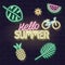 Neon hello summer big fluorescent text with glowing icons of exotic fruits, leafs, bicycle on brick wall background
