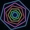 Neon hexagon multicolored shapes with shining effects on dark background. Glowing honeycomb techno backdrop.