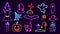 Neon holiday halloween set. Sinister purple bat and ghosts