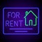 Neon house icon and inscription for rent
