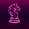 Neon icon of chess knight horse on dark gradient background. Board game, strategy, competition concept. Vector