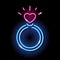 Neon icon of finger ring with heart isolated on black background. Love, wedding, St. Valentine Day, dating concept